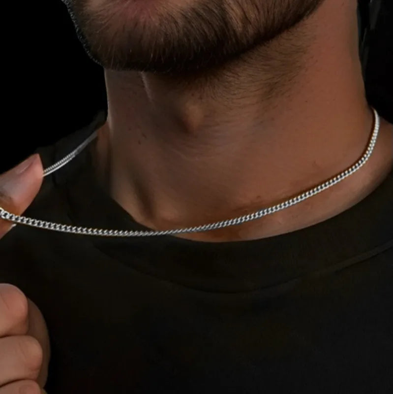 Men's 2mm Cuban Chain Necklace Sterling Silver Titanium Steel Jewelry