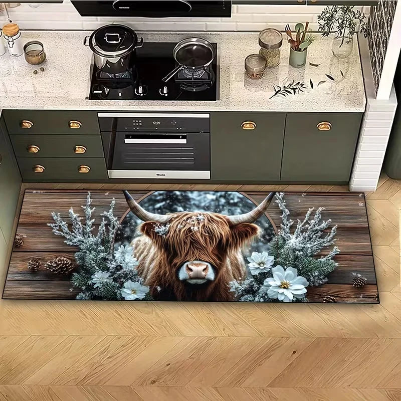 Highland Cow and Floral Pattern Non-Slip Kitchen Mat - Home Decor