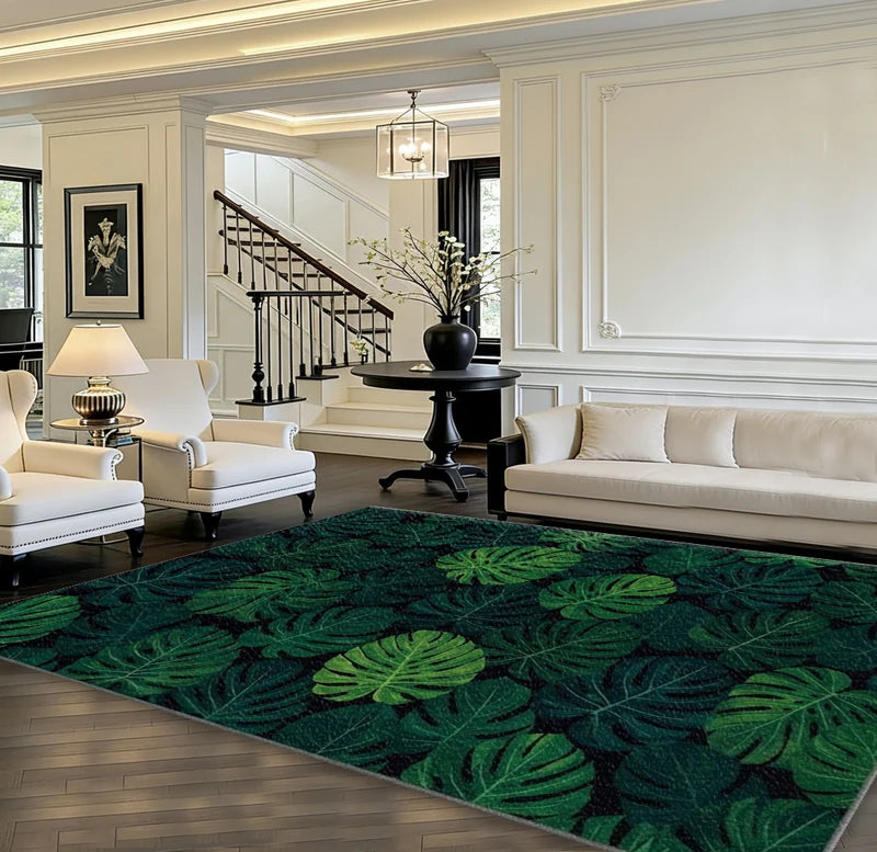 Large Jungle Rug with Monstera Leaf Pattern - Non-Slip Washable Green Botanical Living Room Carpet