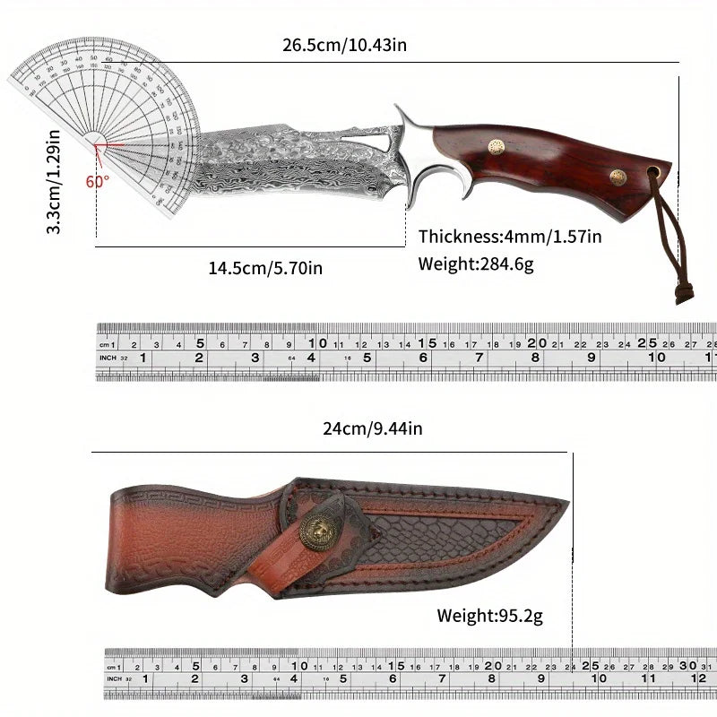 Damascus Fixed Blade Knife with Wooden Handle and Leather Scabbard - Easy Carry, Fast Cutting