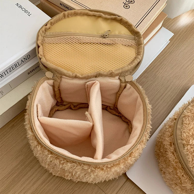 Cute Bear-Shaped Plush Cosmetic Bag with Multi-Compartment Jewelry Organizer - Travel Makeup Storage Pouch