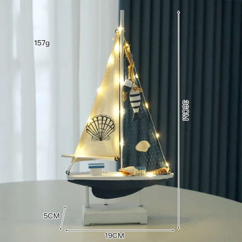 Retro Mediterranean Wooden LED Sailing Boat Model Desktop Decor Ocean Style Gift