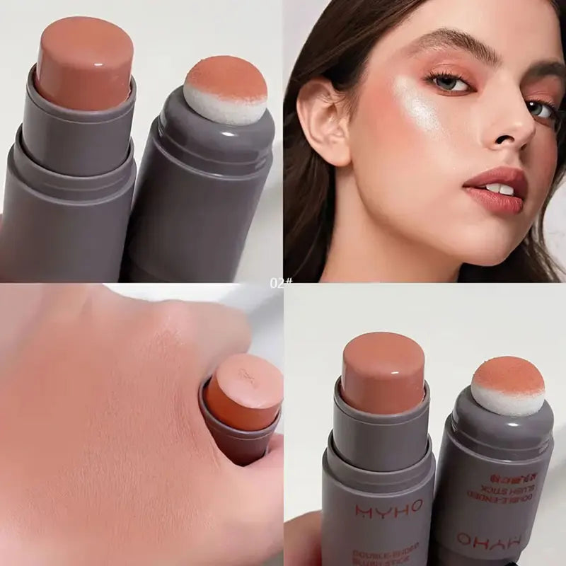 Double Head Powder Blusher Lip and Cheek Dual-Use Matte Rouge Stick Natural Makeup