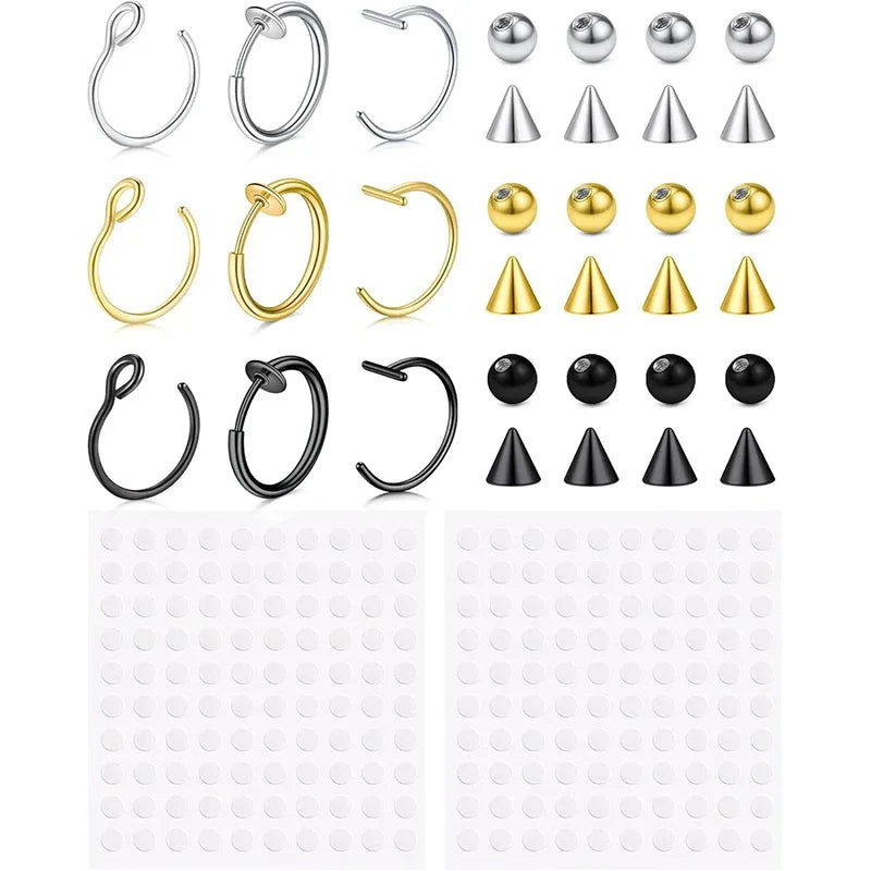 Fake Lip Piercings & Nose Rings Set - Hypoallergenic Hoop & Snake Bite Styles