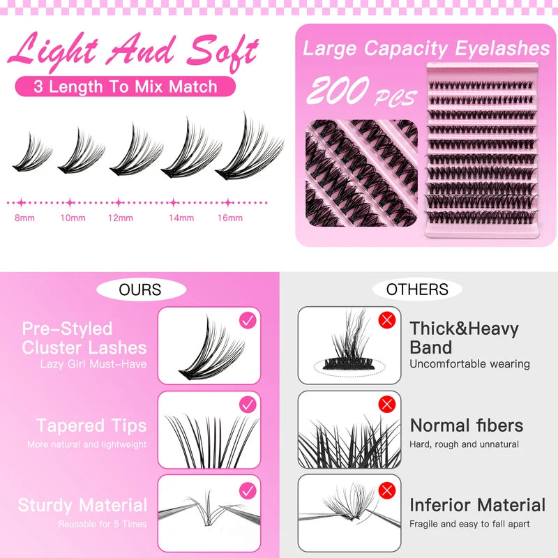 DIY False Eyelash Clusters Kit with Lash Bond, Seal & Applicator - Multiple Colors