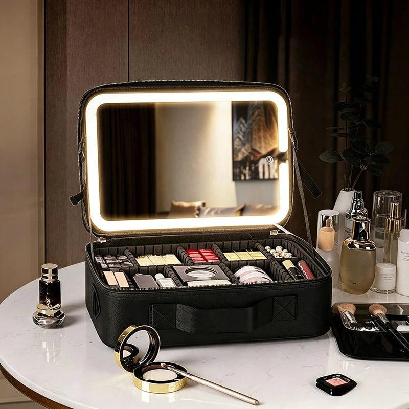 Travel Makeup Bag with LED Lighted Mirror, Large Capacity Rechargeable Cosmetic Organizer Case for Women