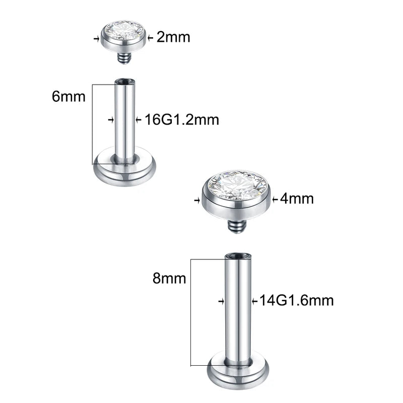 Titanium Labret Piercing Stud Earrings with Zircon 2-5mm Body Jewelry