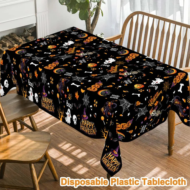 Halloween Tablecloth 130x220cm Disposable Plastic Party Covering Ghost Skeleton Witch Design Black