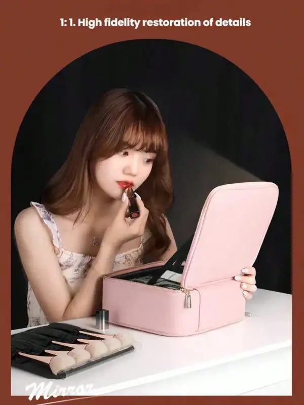 Travel Makeup Bag with LED Lighted Mirror, Large Capacity Rechargeable Cosmetic Organizer Case for Women