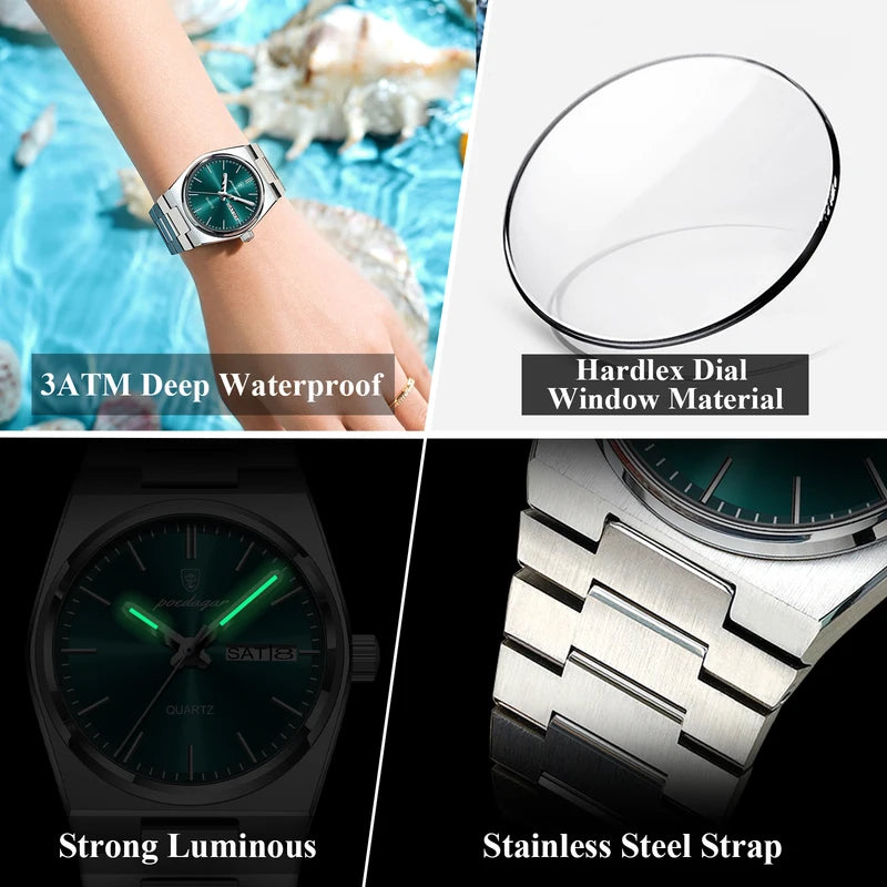 Elegant Waterproof Luminous Date Week Women's Quartz Wristwatch
