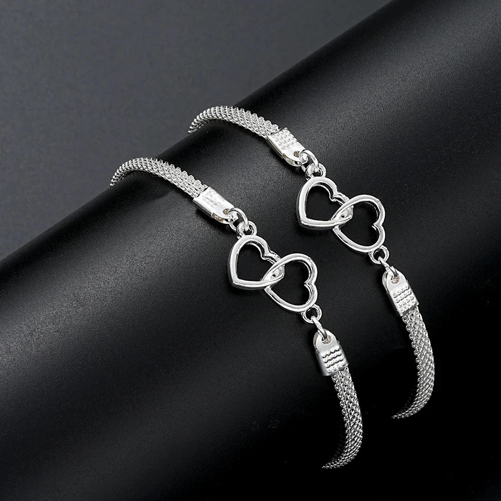 Love Heart Couple Bracelets Set for Women and Men Silver Double Layer Jewelry Gift