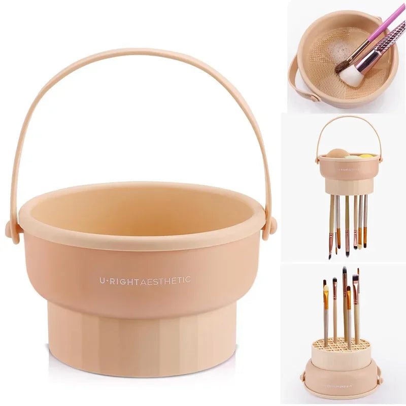 3-in-1 Makeup Brush Cleaning and Drying Bucket with Storage Box - Reusable Silicone and PP Material
