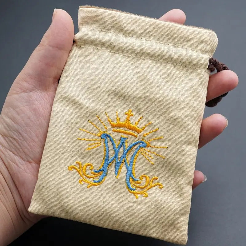Catholic Rosary Drawstring Pouch - Cotton Canvas Reusable Embroidered Holder