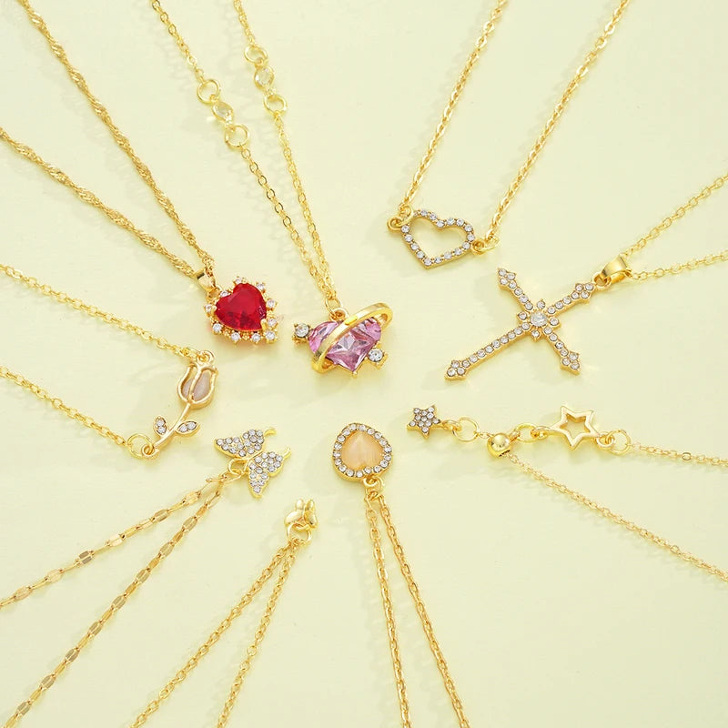 8-Piece Necklace Set for Women - Elegant Gold Tone Pendant Jewelry with Butterfly Heart Rose & Star Charms