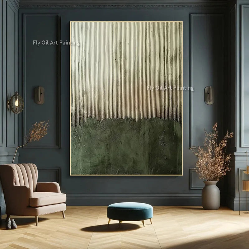 Large Abstract Wall Art Canvas - Thick Texture Grass Green Beige Handmade Oil Painting for Home Decor