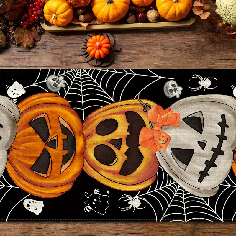 Bohemian Halloween Table Runner Decoration with Pumpkin Bat Skull Elements for Party Festive Decor