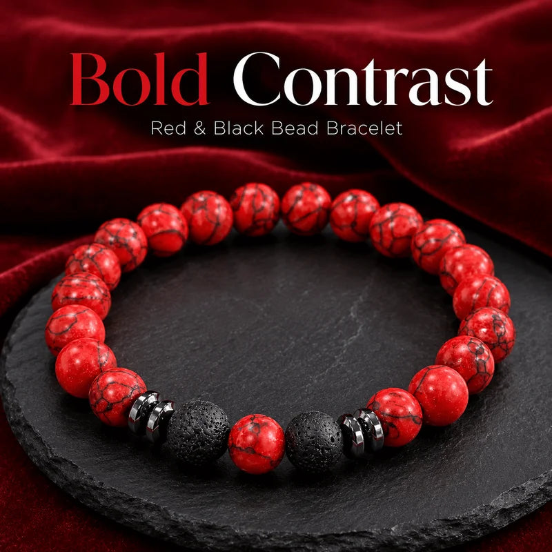 Red and Black Beaded Bracelet with Red Stone-Like Textures - Gift Ready