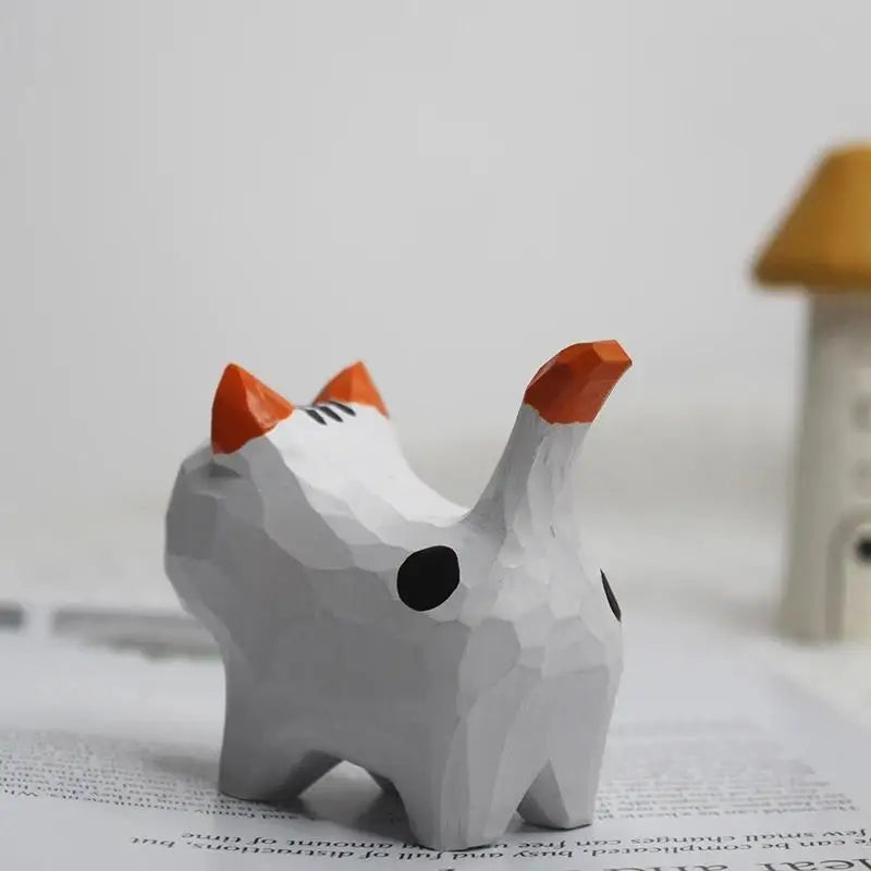 Wood Carving Kitten Ornament - Handmade Small Animal Desktop Decoration