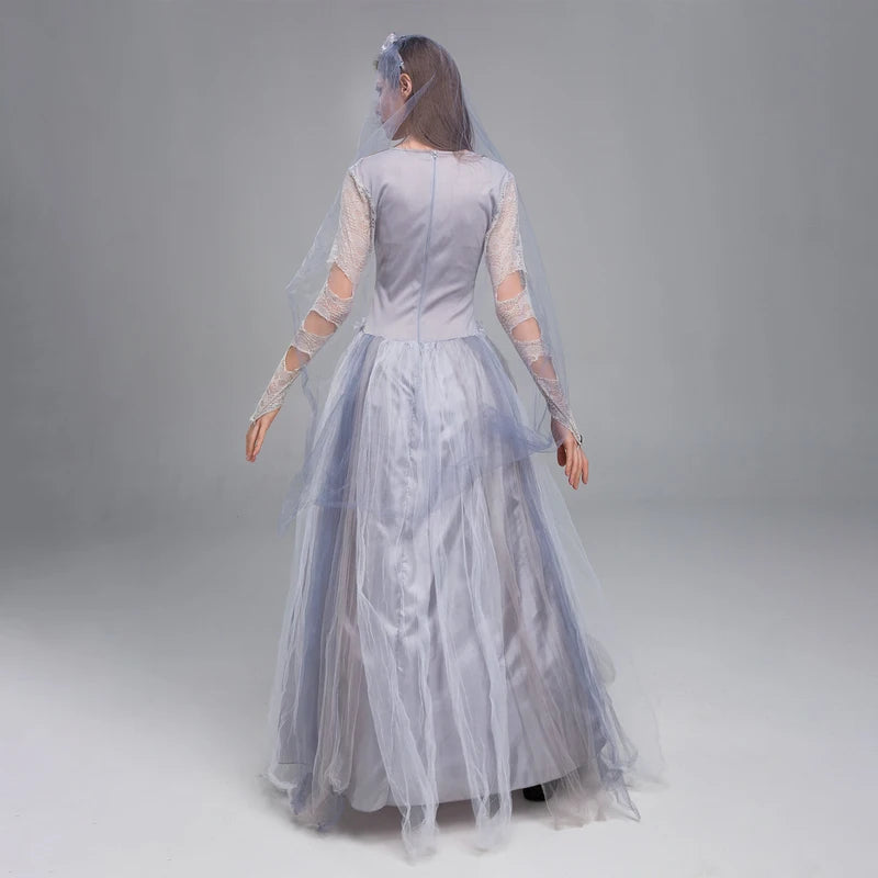 Women Halloween Dead Bride Costume Corset Dress & Veil Set for Cosplay