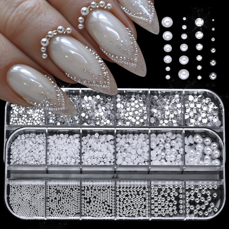12-Grid Round Pearl White Nail Rhinestones and Caviar Beads for Nail Art