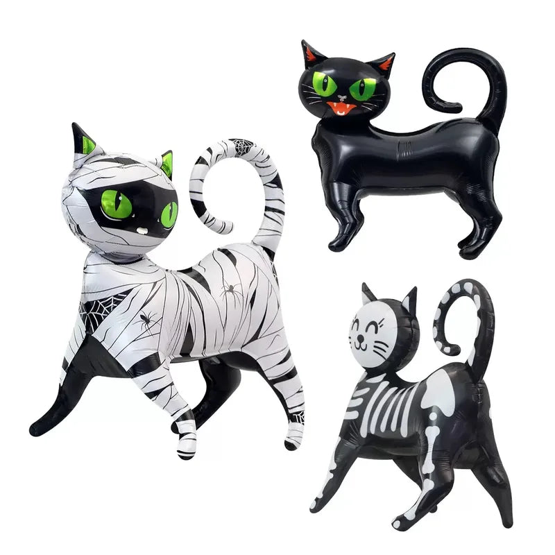 Halloween Black Cat Balloon Decoration with 4D Cartoon Standing Design, Green Eyes, Aluminum Foil, Binding Cloth Style