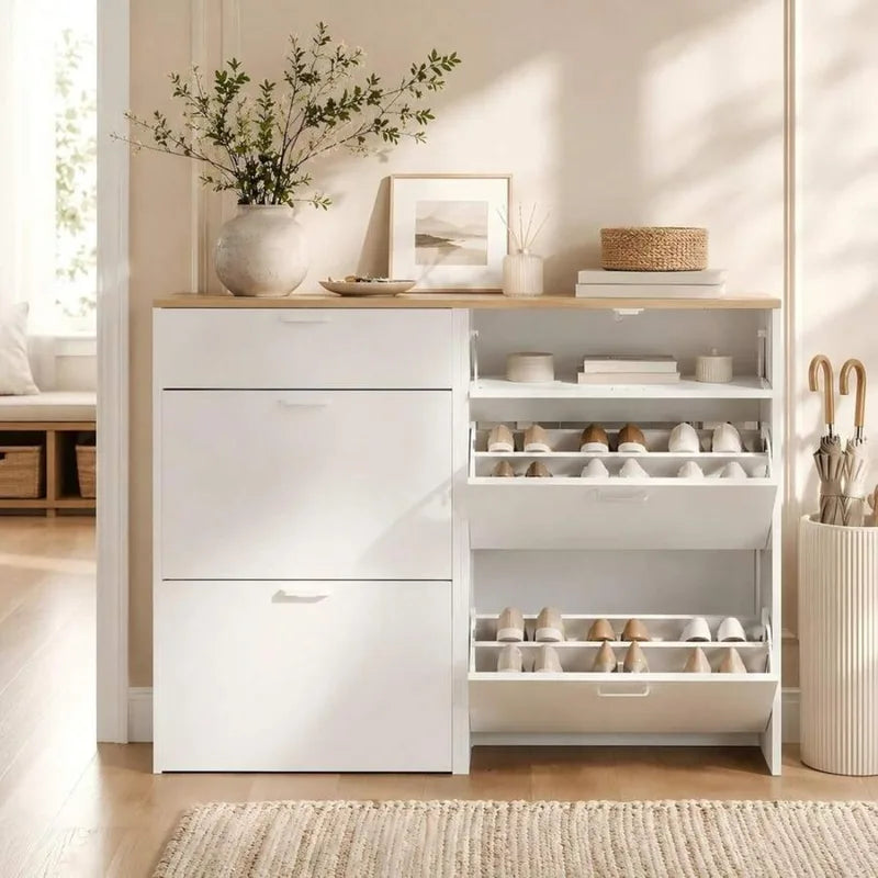 Slim Shoe Cabinet Storage for Entryway with 3 Drawers - White, Rustic Brown & Dark Rustic Oak Variants