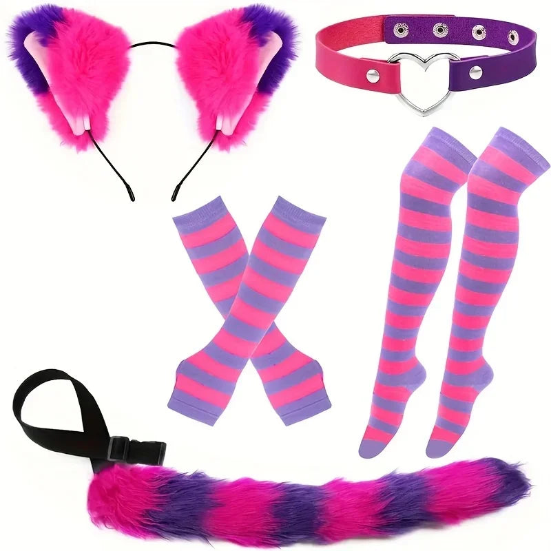 Role Playing Costume Set with Stripes Furry Tail Gloves Socks for Halloween