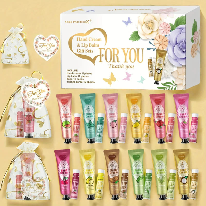 12-Piece Hand Cream and Lip Balm Gift Set with Net Bag and Thank You Card – Holiday Friendship Gift