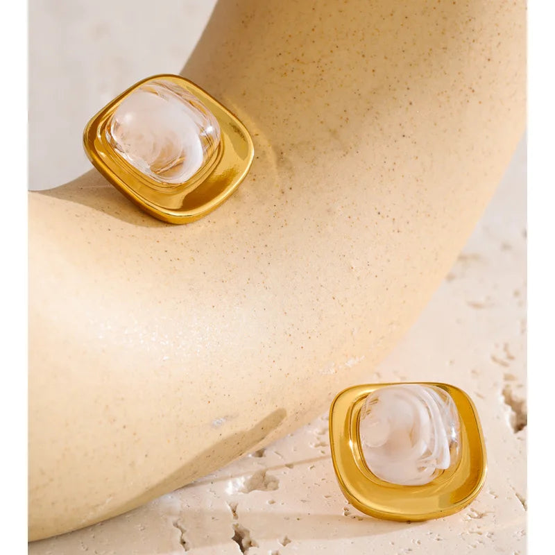 White Green Resin Square Stud Earrings - 18K Gold PVD Plated Stainless Steel Jewelry