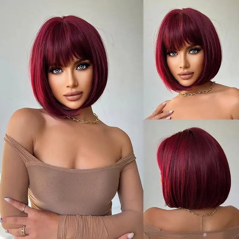 Synthetic Wig for Women - Red Wine-Red Bob Hairstyle for Party & Cosplay