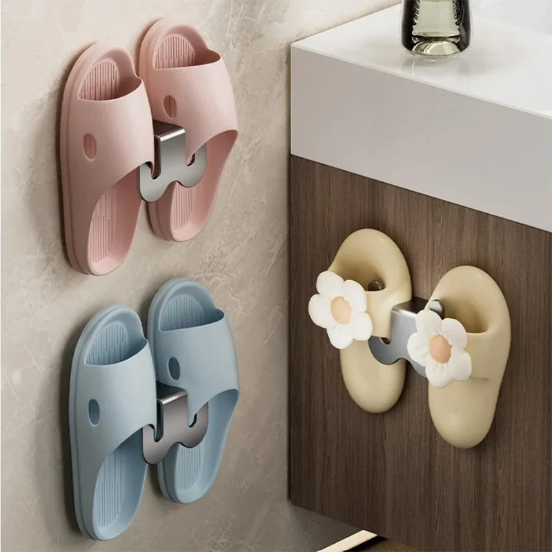 Wall-Mounted Shoe Rack and Slippers Organizer with Hooks for Bathroom and Bedroom Storage