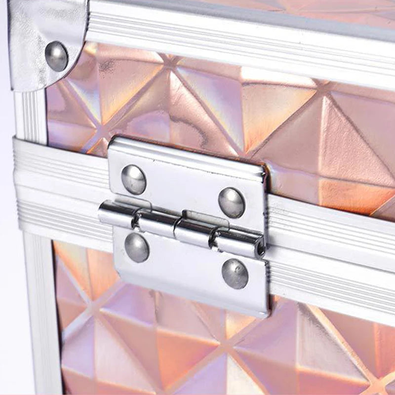 Diamond Patterned Makeup Train Case with Mirror - Double Layer Cosmetic Organizer for Sponges and Skincare