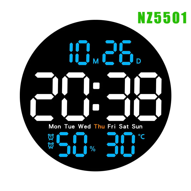 LED Wall Clock with Dual Alarms, Calendar, Temperature & Brightness Adjustable for Home