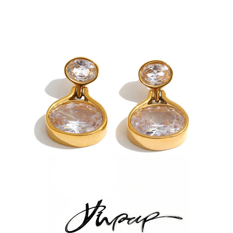 Stainless Steel Drop Earrings with Cubic Zirconia - Dainty Round Jewelry for Daily Wear