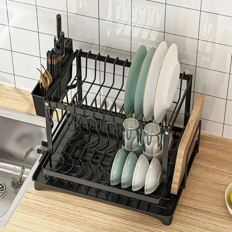 Large Capacity 2-Tier Metal Dish Rack with Drain Tray - Kitchen Organizer