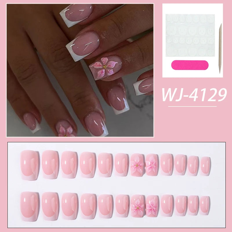 24PCS Short Square 3D Gel Flower French Pressing Nails Set - Easy to Wear & Remove