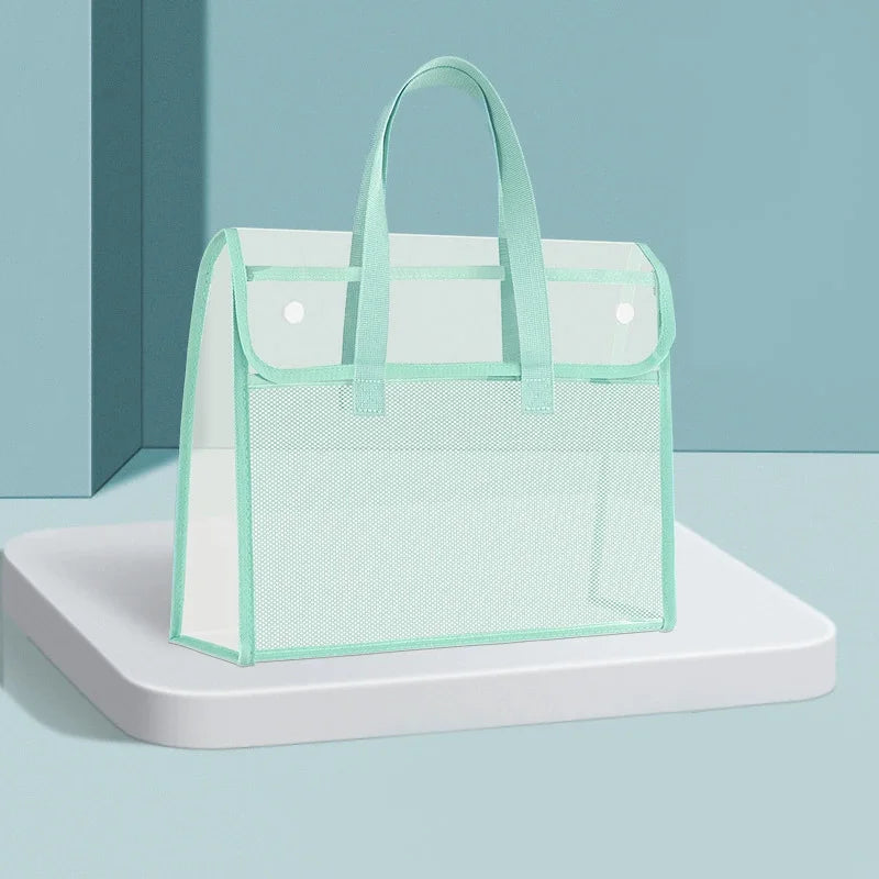 Clear Green PVC Tote Bag with Multiple Pockets for School & Office Storage