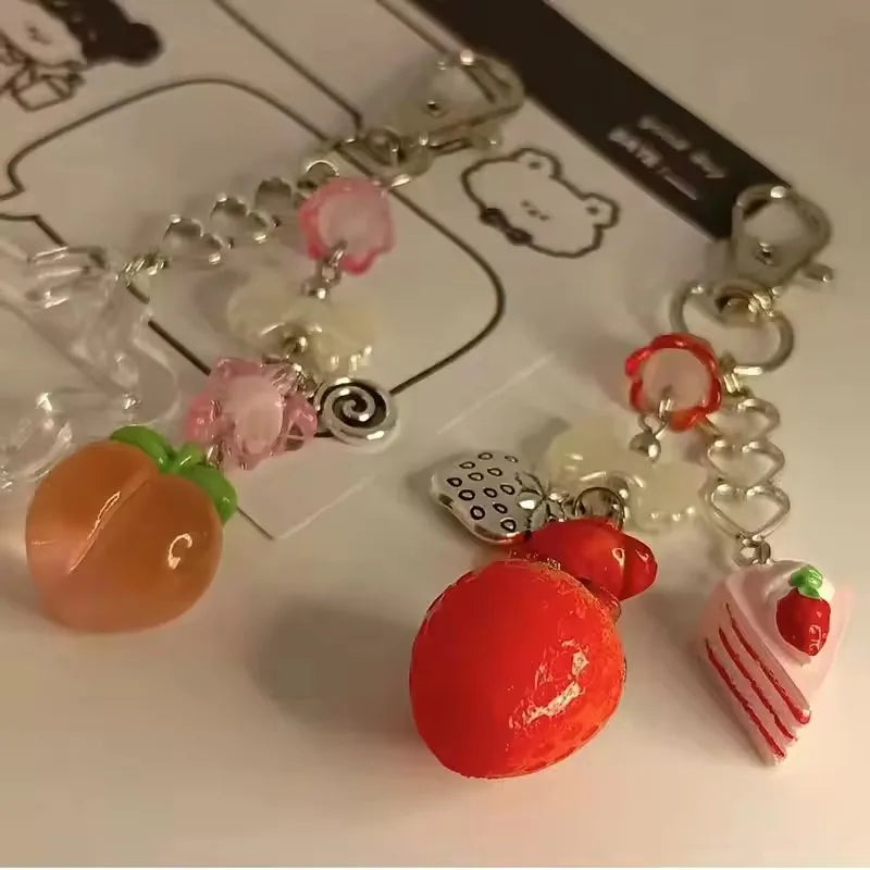 Y2K Handmade Fruit Keychain Set - Strawberry & Peach Fairytale Charm for Girls