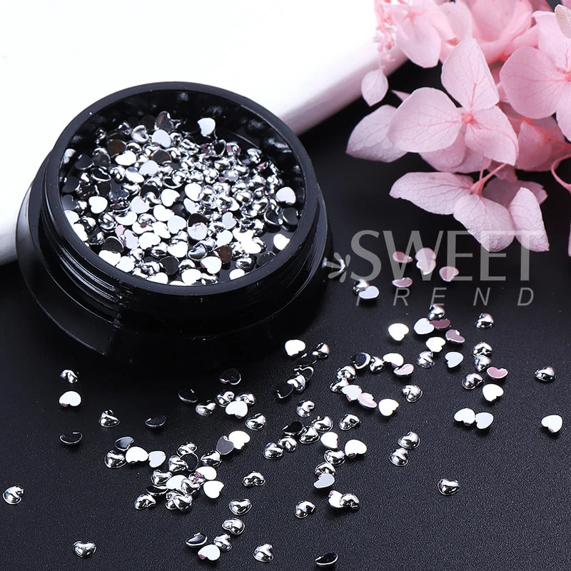 Silver Heart Nail Charms 3D Metal Flat Love Nail Art Decorations Set