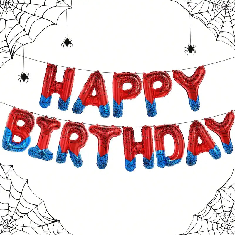 Spider Theme Birthday Banner with Red and Blue Letters for Superhero Party Decor