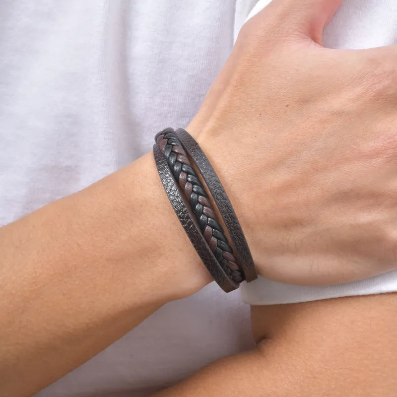 Multi Layer Braided Rope Bracelets for Men - Handmade Leather Wristband with Magnetic Buckle, Trendy Punk Jewelry Gift