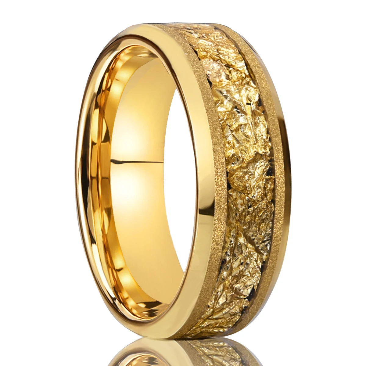 Men's Gold Tungsten Carbide Wedding Band with Gold Leaf Inlay - Comfort Fit