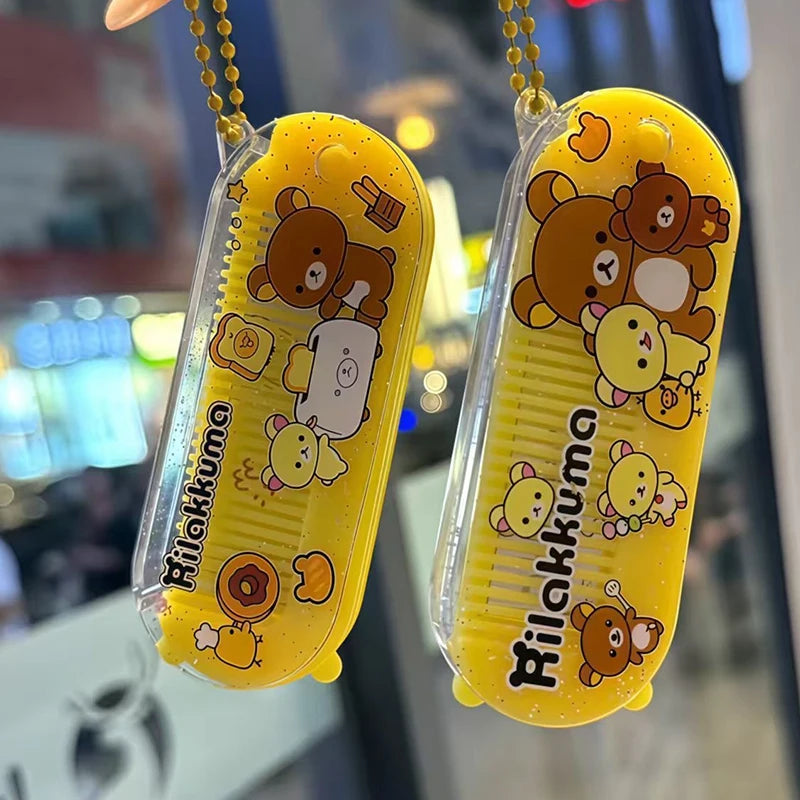 Cute Rilakkuma Folding Comb Mirror Set for Girls - Portable Hair Brush & Massage Tool