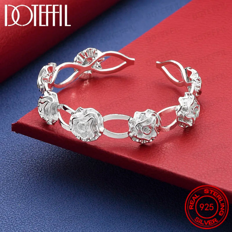 925 Sterling Silver Rose Flower Open Bangle for Women - Elegant Party Jewelry