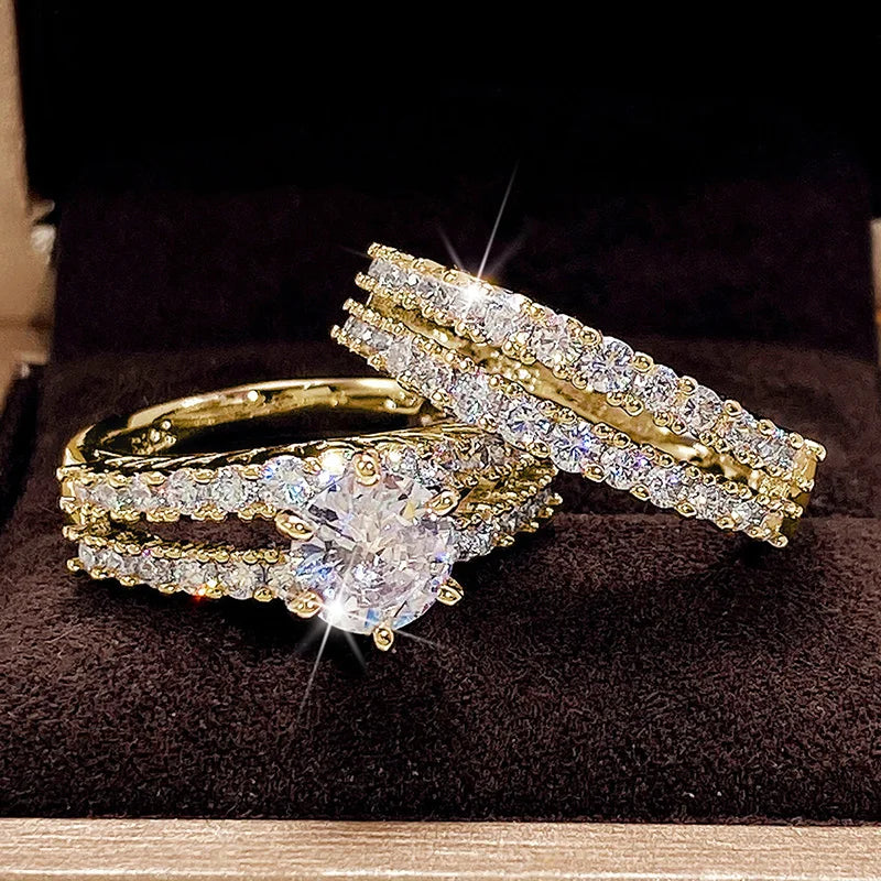Luxury CZ Stone Engagement & Wedding Ring Set for Women - 2 Pieces