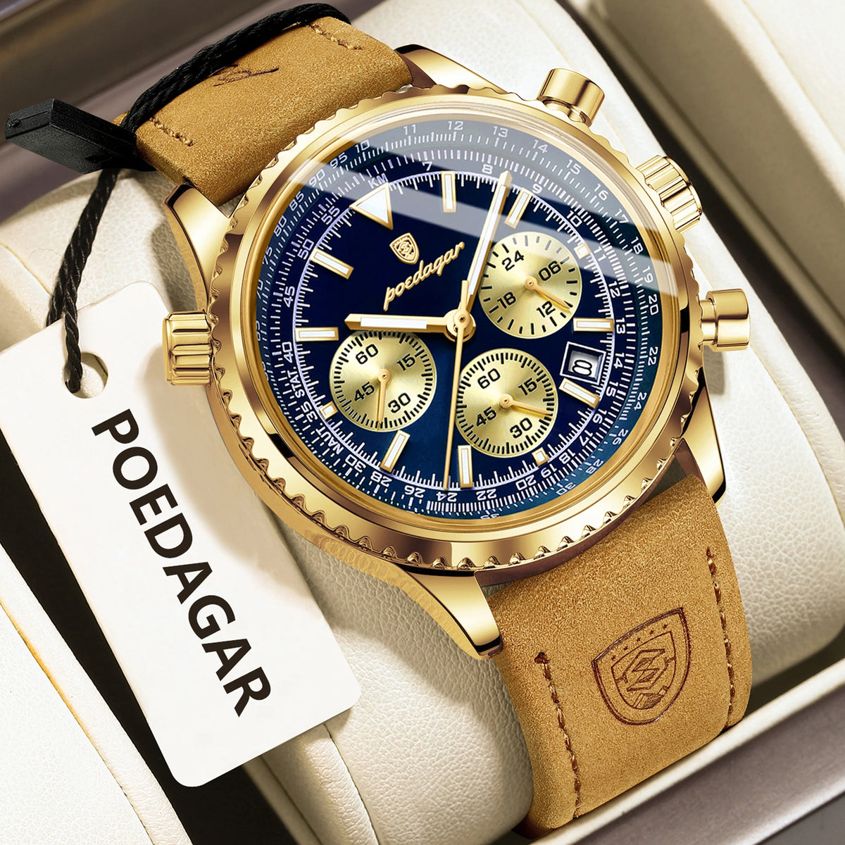 Luxury Men's Waterproof Luminous Chronograph Watch with Leather Strap