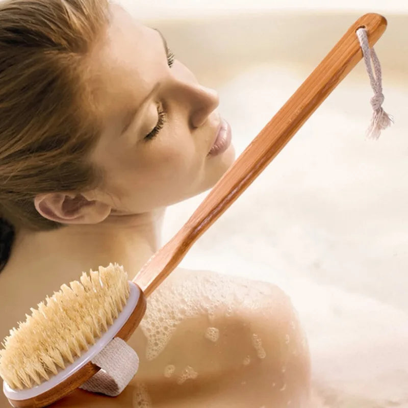 Natural Bath Brush with Long Wooden Handle for Exfoliating and Body Cleaning