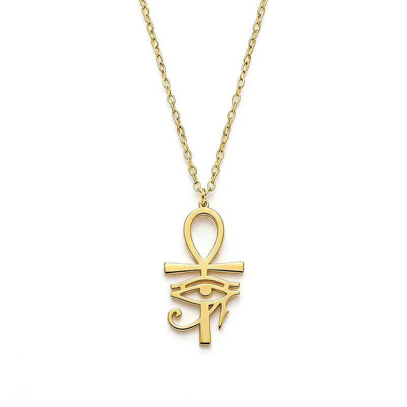 Ancient Egyptian Gold Plated Ankh Eye of Horus Pendant Necklace for Women