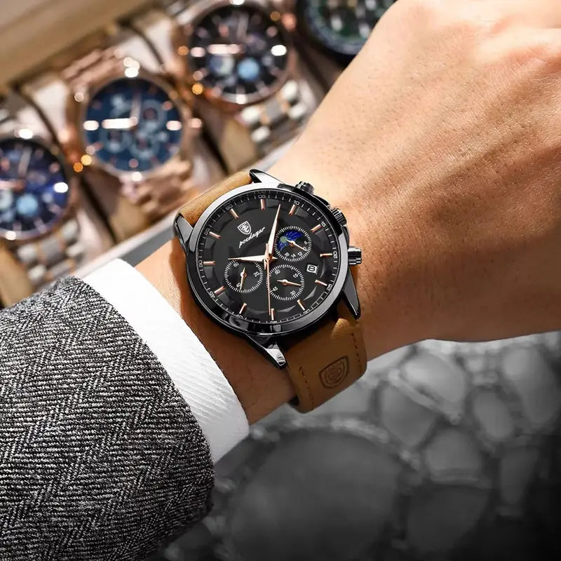 Luxury Waterproof Chronograph Men's Watch with Luminous Date and Leather Strap