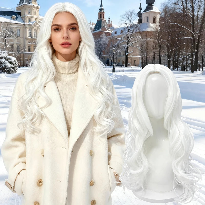 White Long Loose Wave Synthetic Wig with Middle Part for Cosplay & Daily Wear